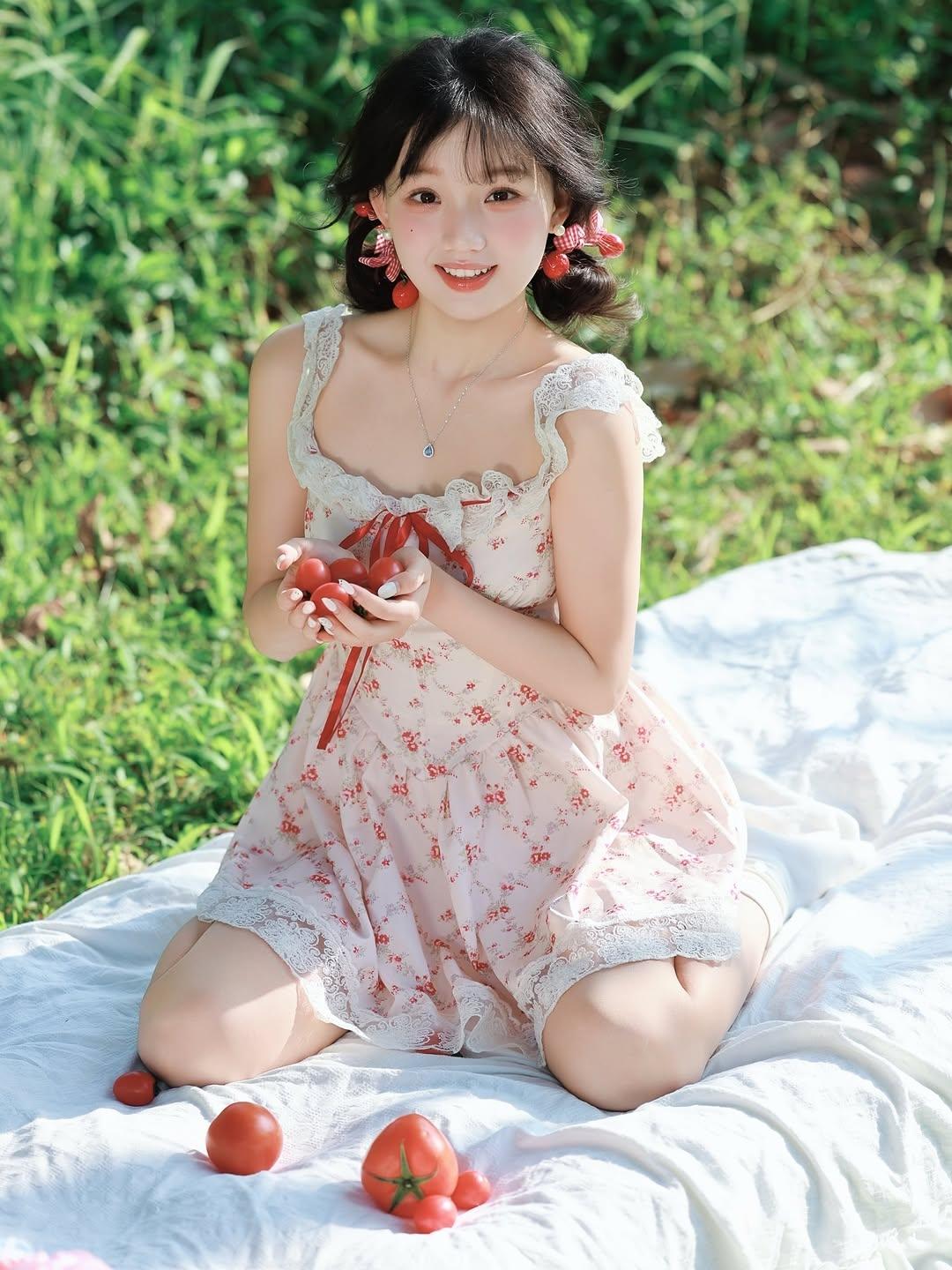 夏日甜美少女，与番茄的清新约会
