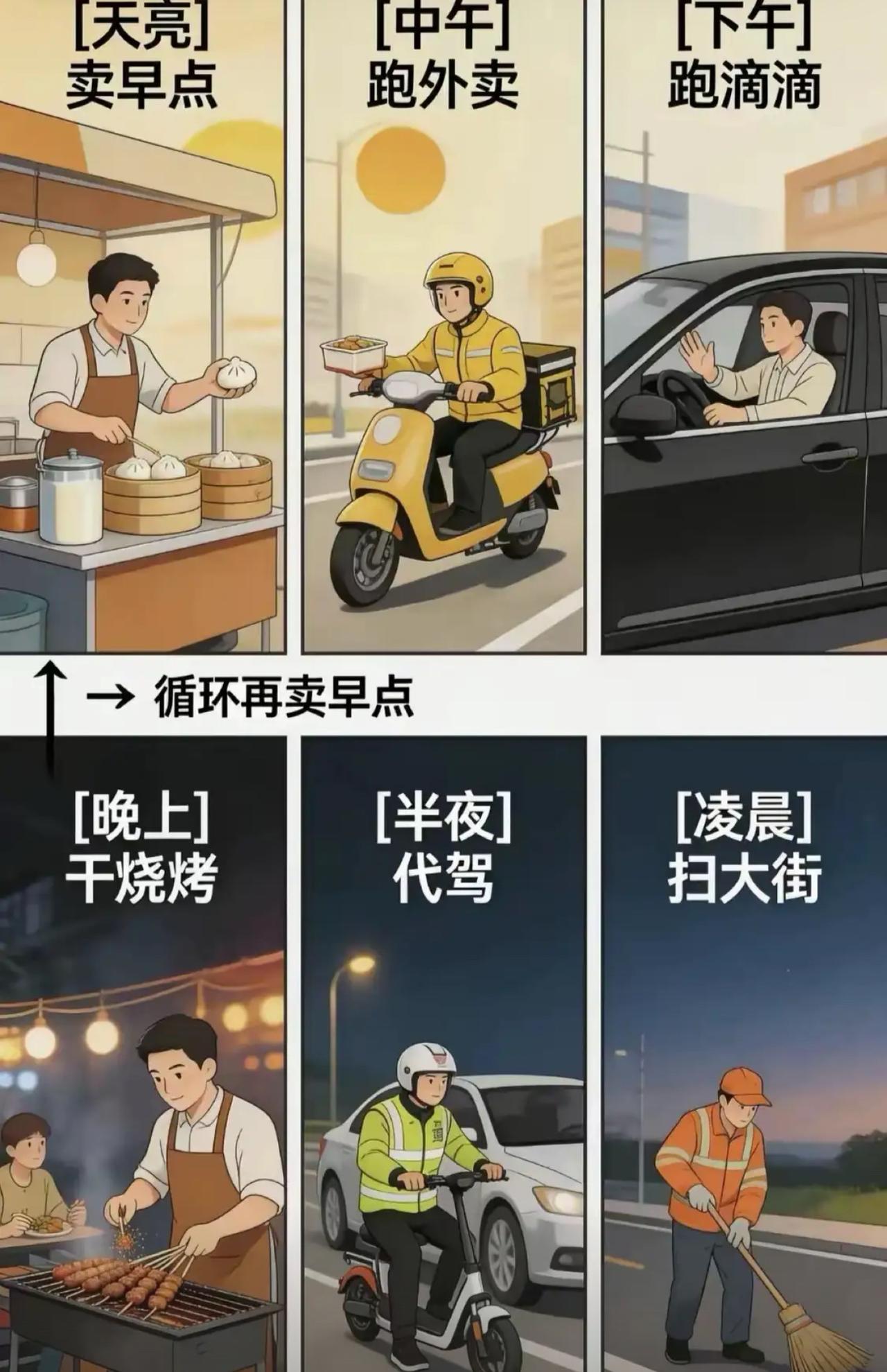 这哪是致富作息，分明是把自己二十四小时打包批发给生活。
天亮支包子铺赚早饭钱，中