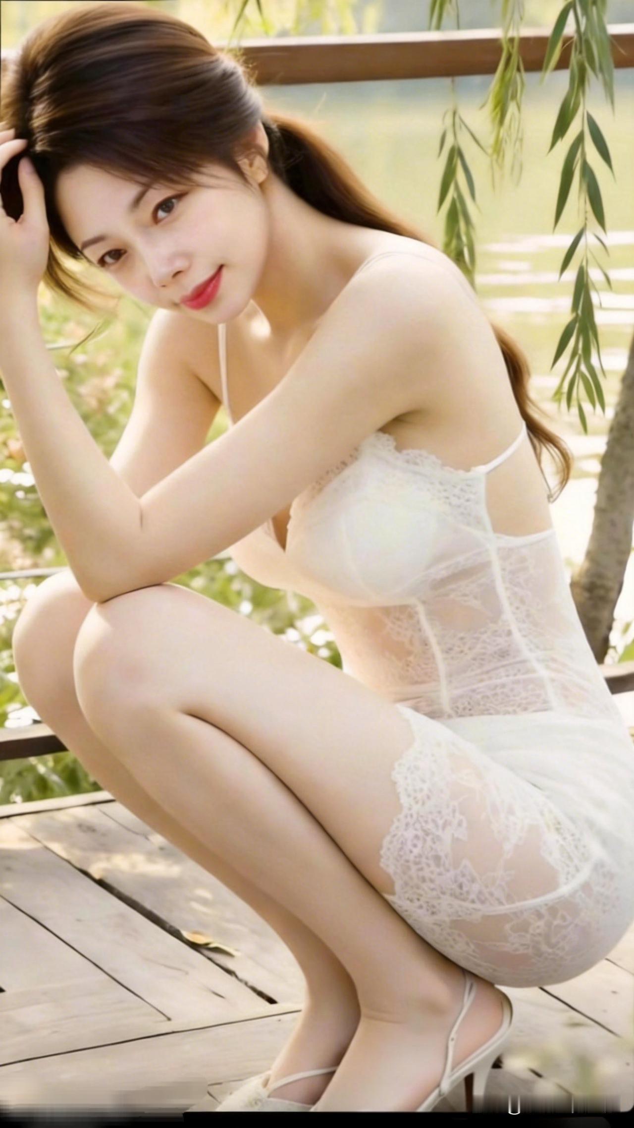 阳光下的优雅女神，蕾丝裙摆随风飘逸。
