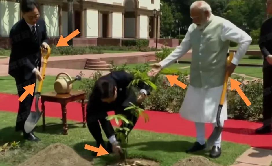 根儿不正！韩国李在明和印度莫迪植树时树苗根放歪欲倒，李在明匆忙弯下腰扶正后二人开