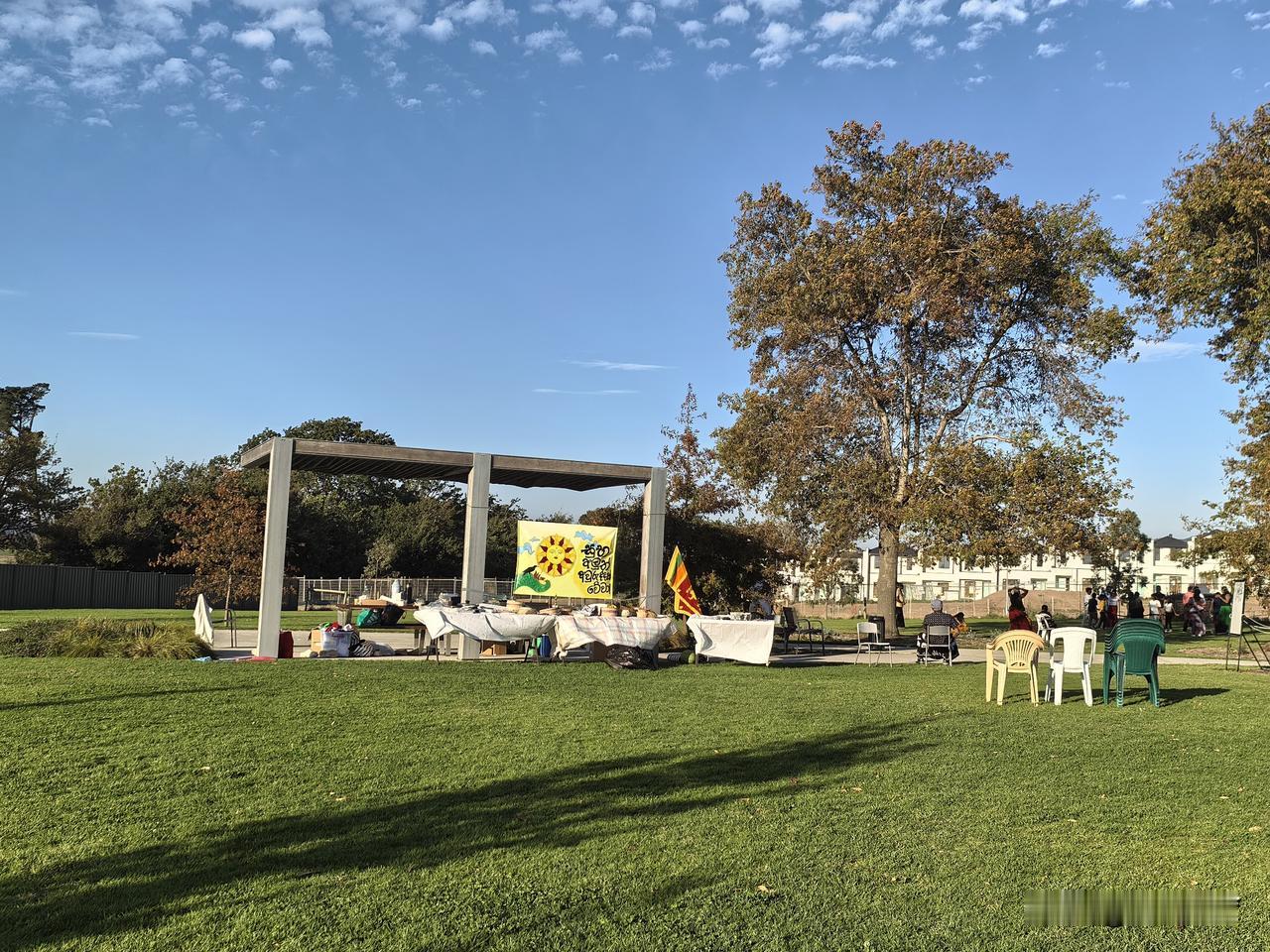 今日正值周末，天气格外晴朗，阳光灿烂无比。公园里，一群印度人聚在一起开展野炊活动