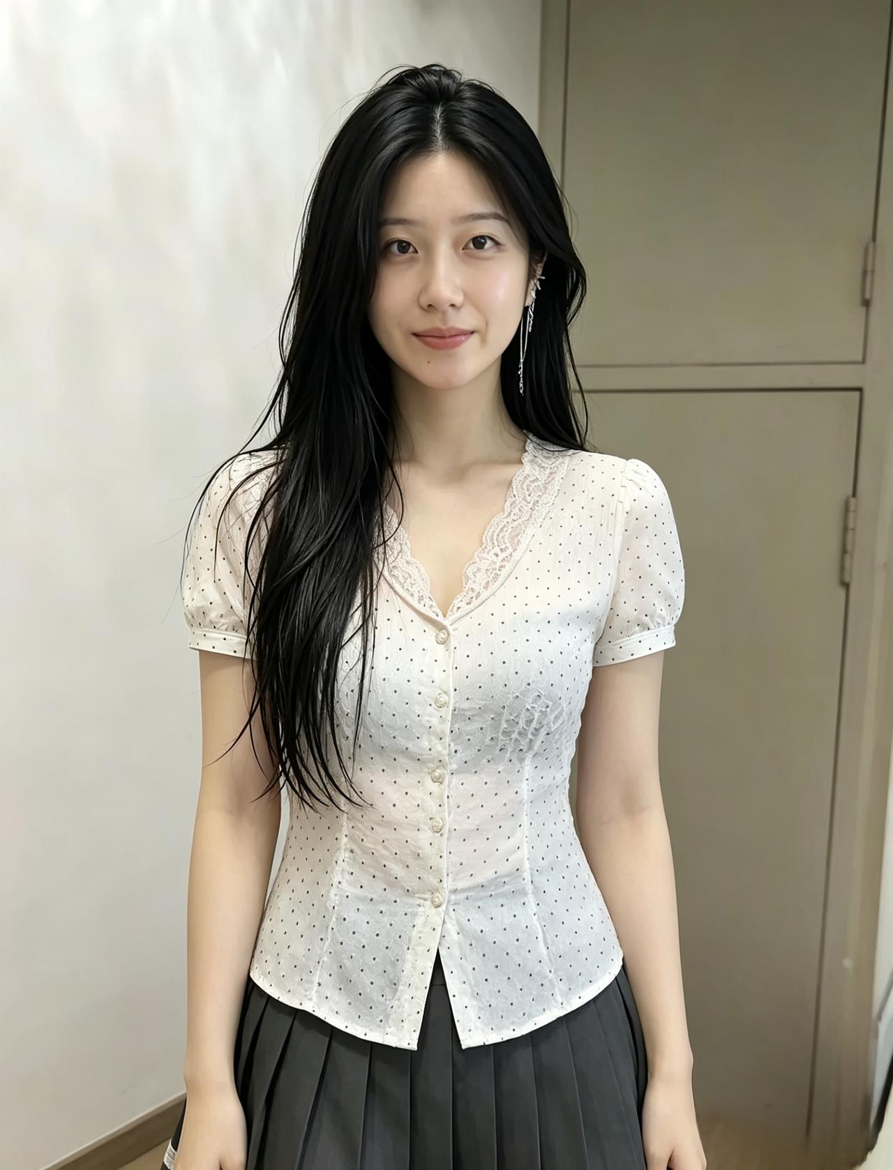 裁得云纱细点纹，纤腰一握见温存。
回身漫有盈盈态，不负人间好月痕。