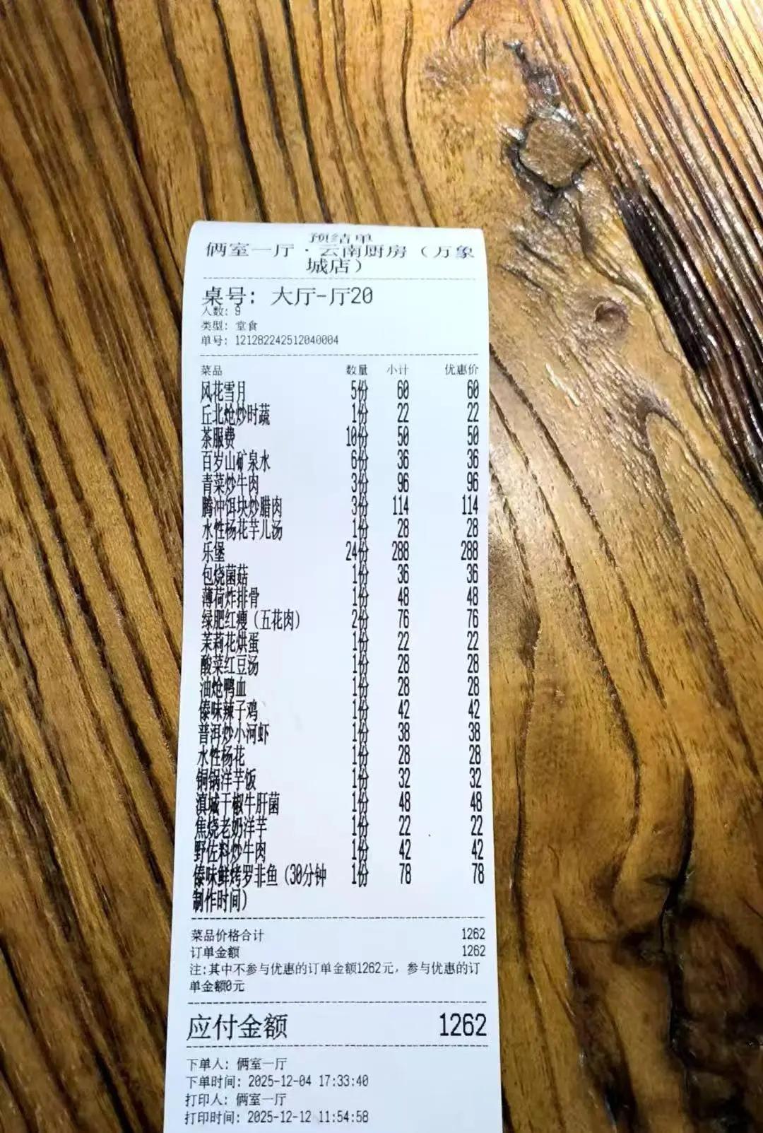 12.4日重庆，张先生和朋友一共十个人聚餐。吃了7个小时。总共消费1262元。