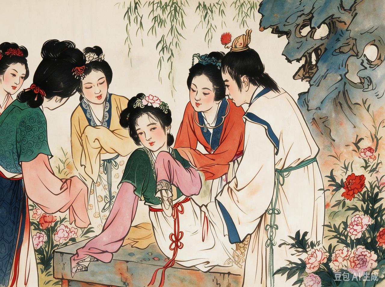 试了下用豆包AI给刘旦宅的《史湘云》连环画内页上色，马马虎虎吧。