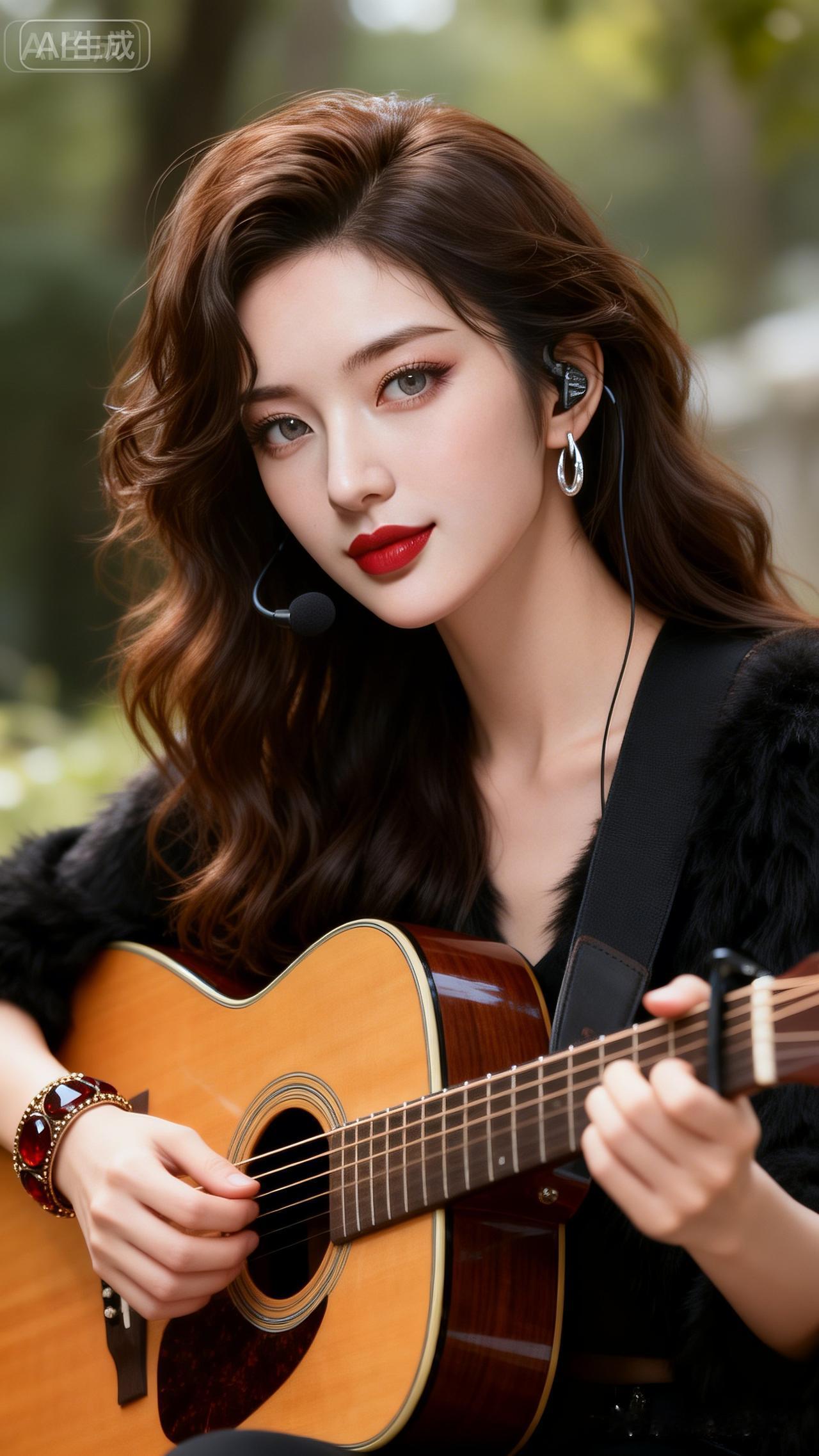 弹唱少女，耳机轻响，吉他相伴，悠然自得。🎸🎤
