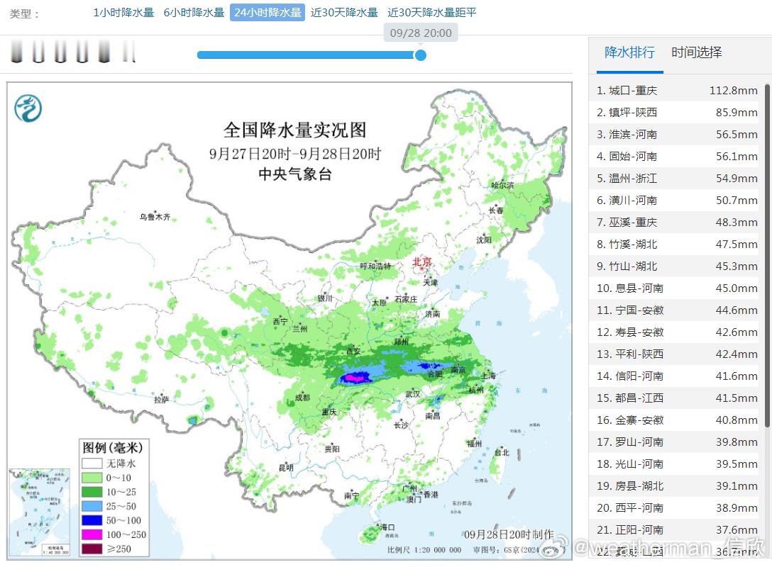 【强降雨】昨晚到今天，主雨带维持到副高北侧，长江沿线附近。重庆城口出现大暴雨。今