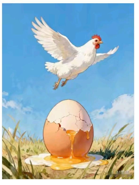 图中画面真给力；
一只母鸡就要飞；
鸡飞蛋打属正常；
常说的啥也没有；
你能一眼
