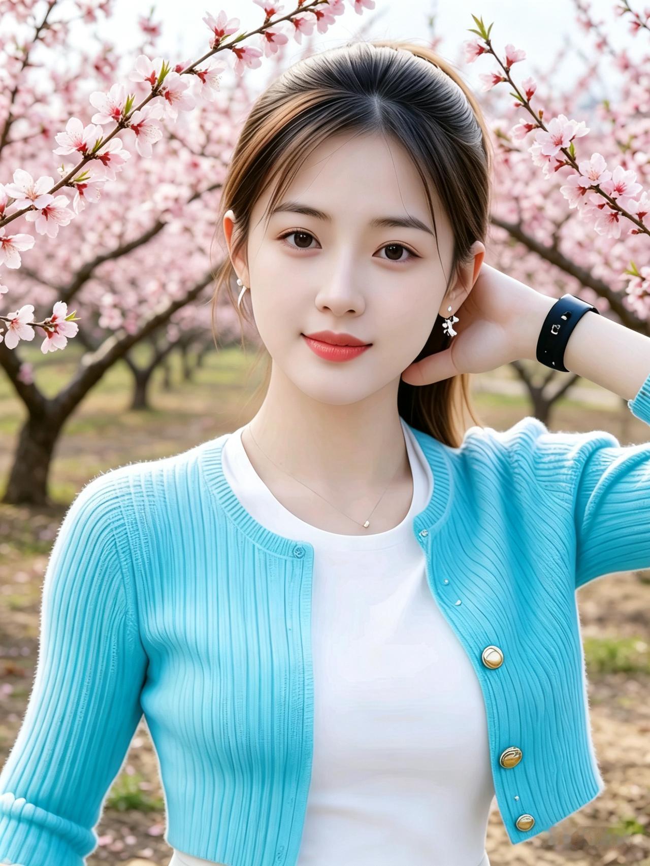 美女身着白色内衣搭配浅绿针织短衫，高马尾利落清爽，面容清丽动人。立于盛放的桃花林