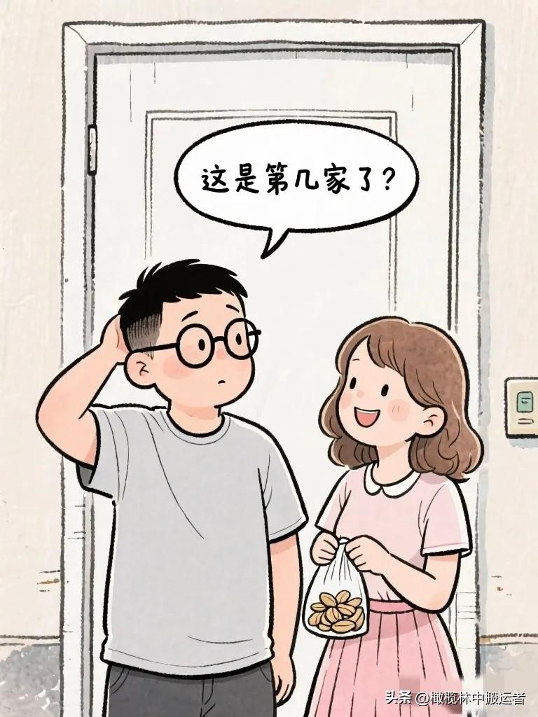 搞笑漫画：夫妻俩站在第N家门口，脸上笑容僵硬。 丈夫："这是第几家了？"  妻子