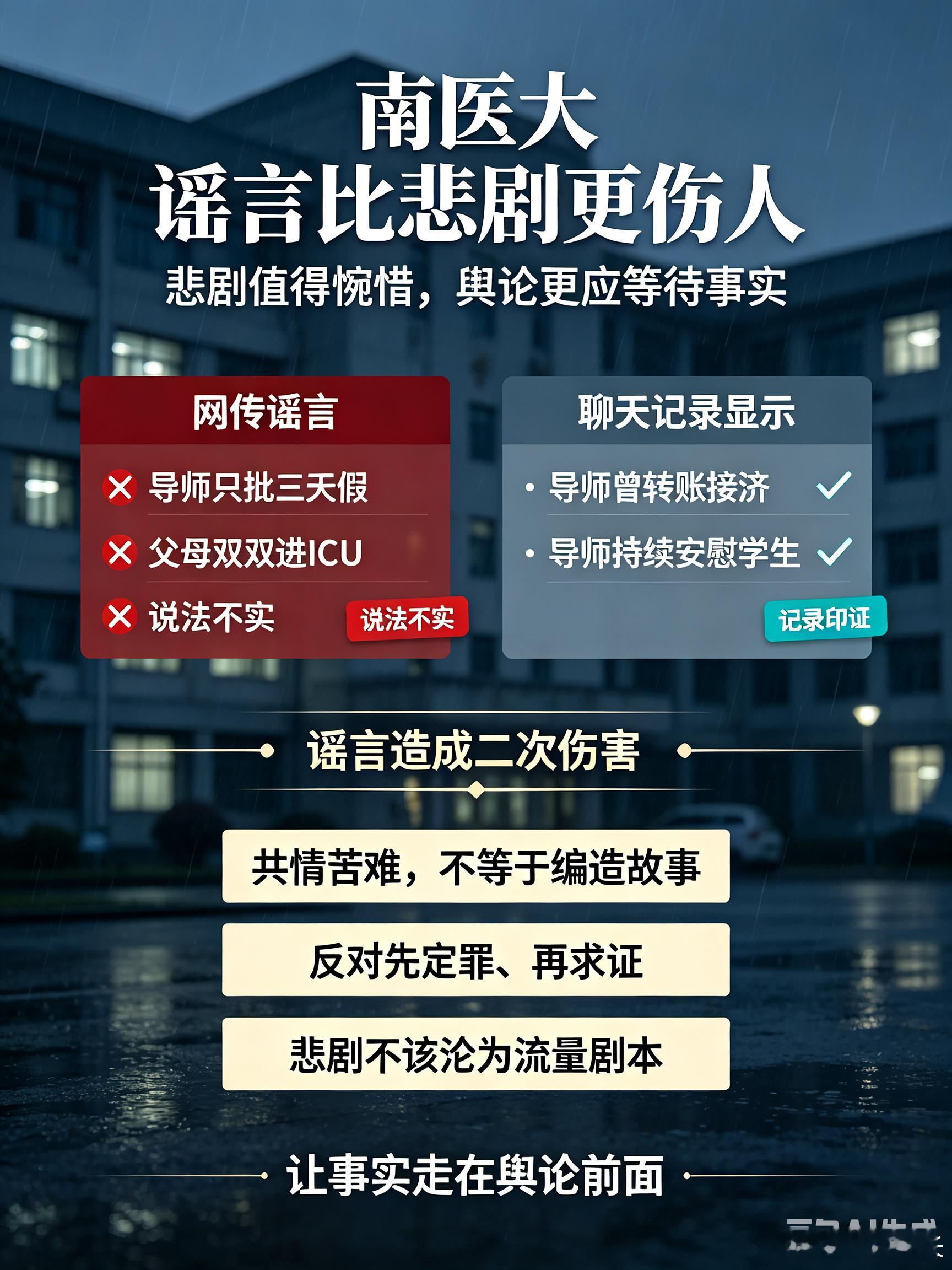 南医大 谣言比悲剧更伤人年轻学子离世本是令人痛心的悲剧，事件发酵后大量谣言在网络
