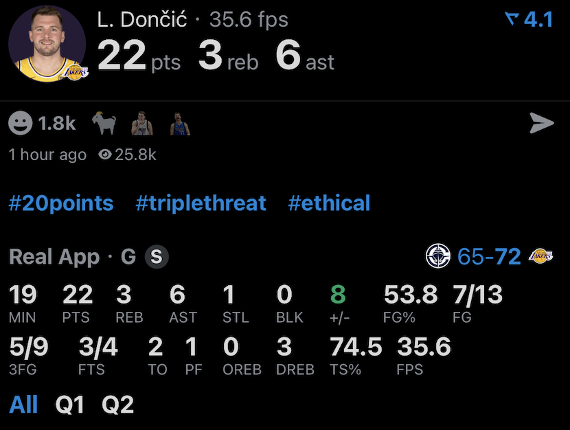 上半场的东契奇：13投7中 三分球9中5 罚球4中322分3篮板6助攻1抢断2失