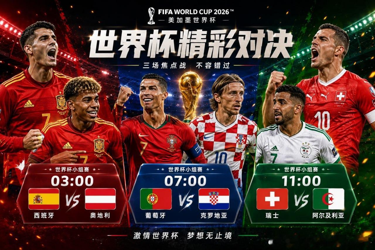 世界杯三场焦点大战即将打响！⚽️ 03:00🇪🇸西班牙vs奥地利  🇦🇹