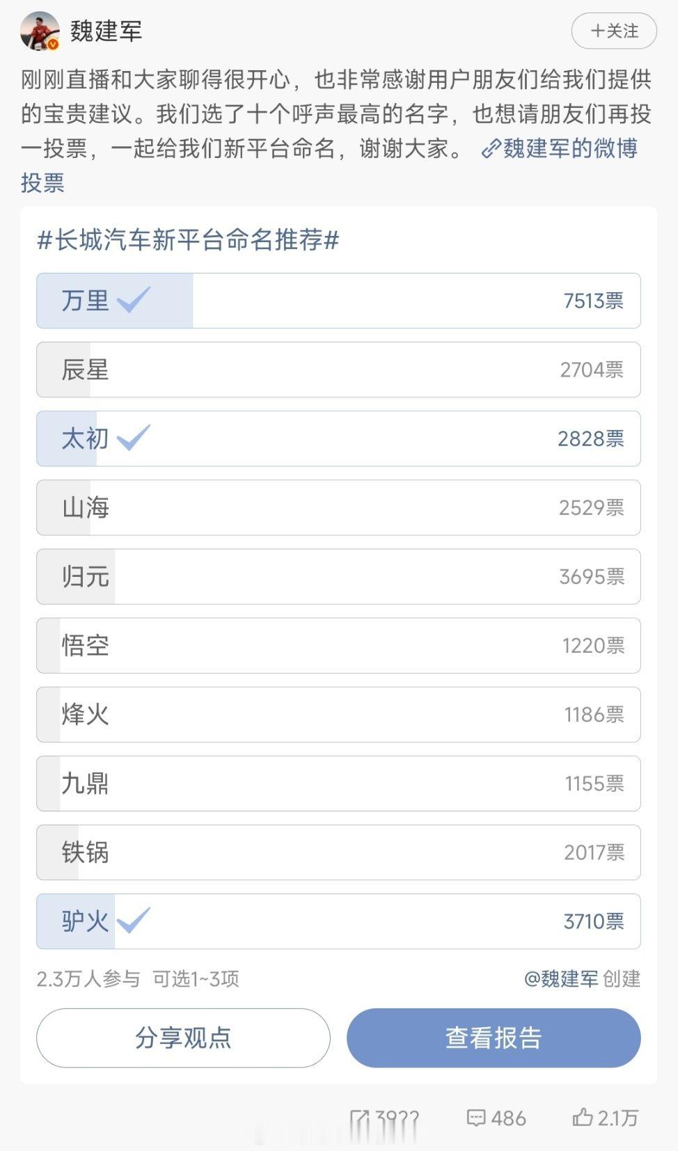 急 长城在线等回复长城汽车要给新平台命名，然后又征求网友意见了。现在挑出了10个