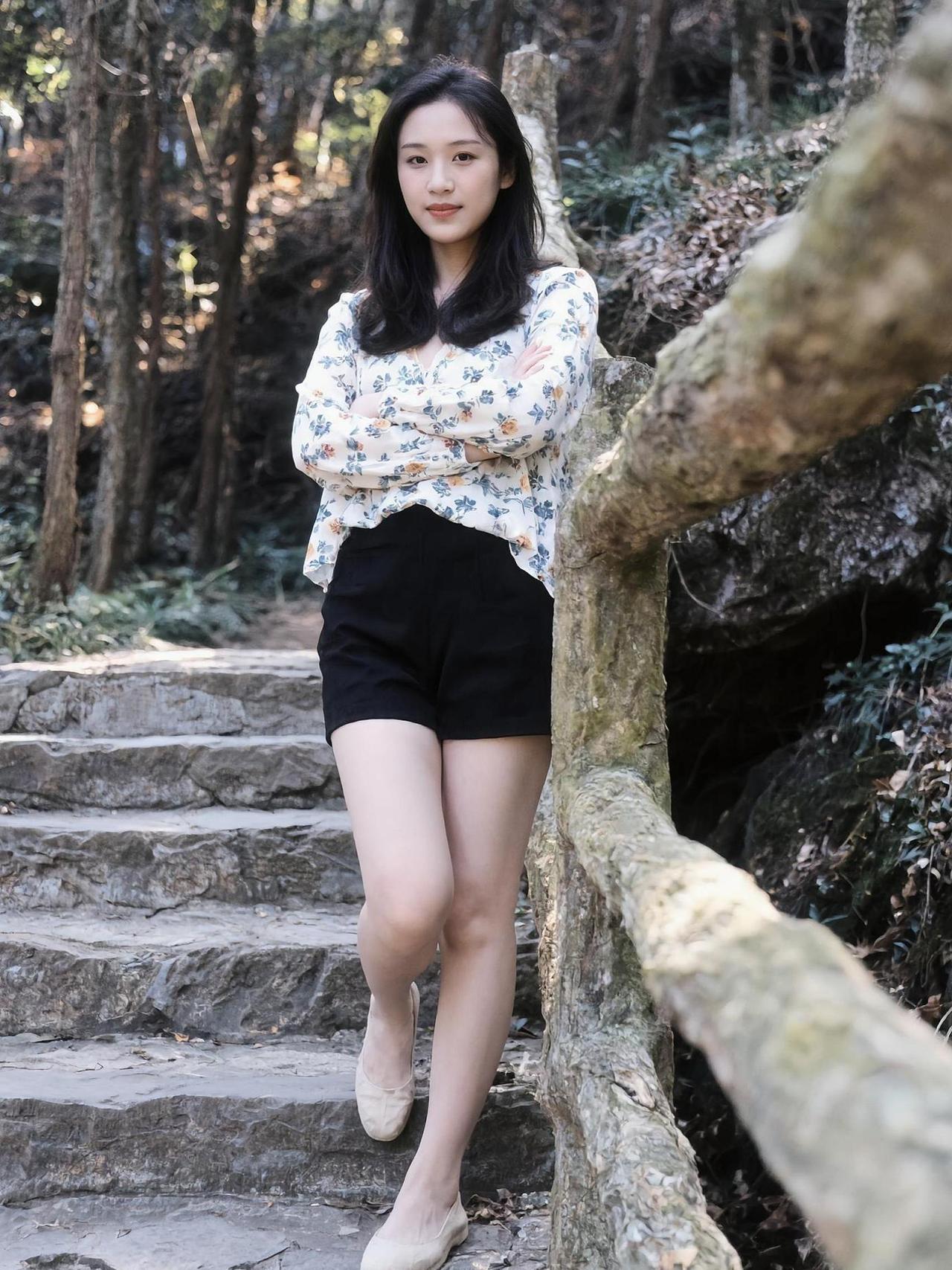 春日的阳光洒在石阶上，微风轻拂衣角，仿佛时间都慢了下来。黑色短裤搭配碎花上衣，简