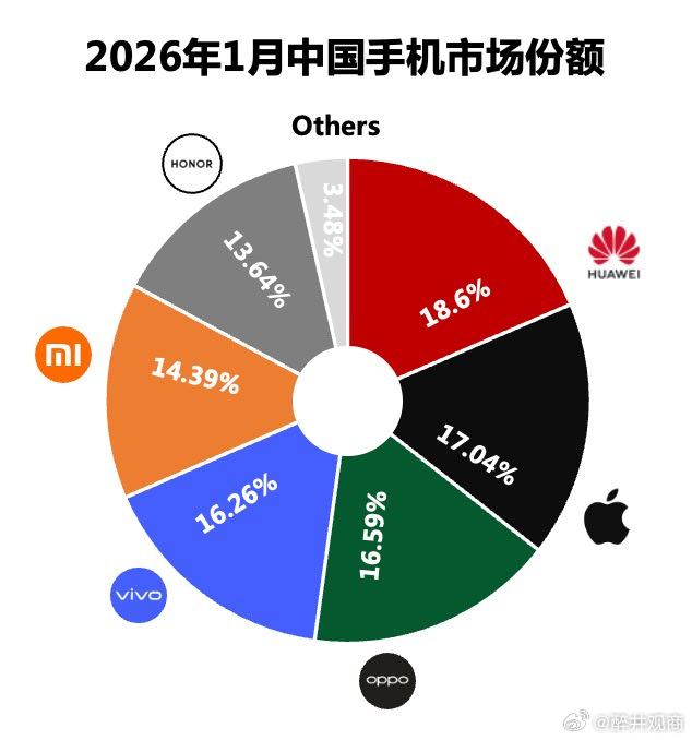 2026年1月华为中国手机市场份额第一！我看了下数据，才18.6%，说实话这个表