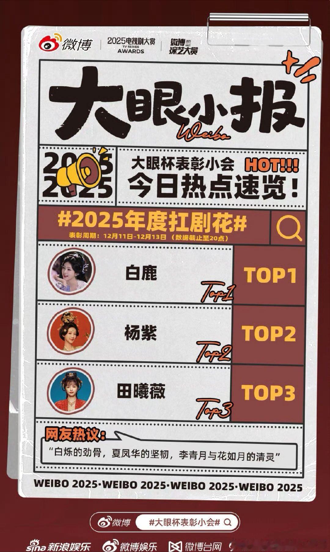 新浪认证2025三大扛剧花：白鹿、杨紫、田曦薇 