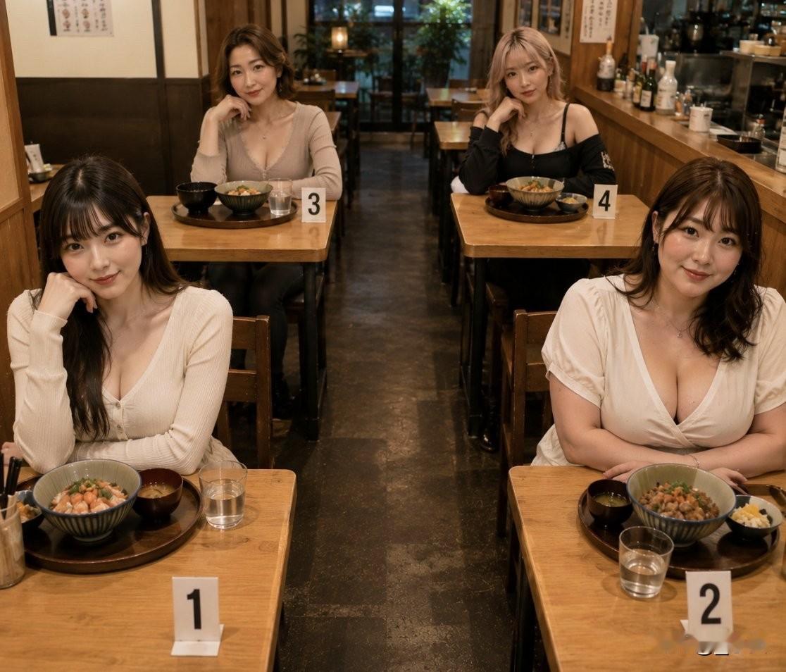 饭店遇上这4位美女，需要拼桌，你会选择坐几号旁边？
