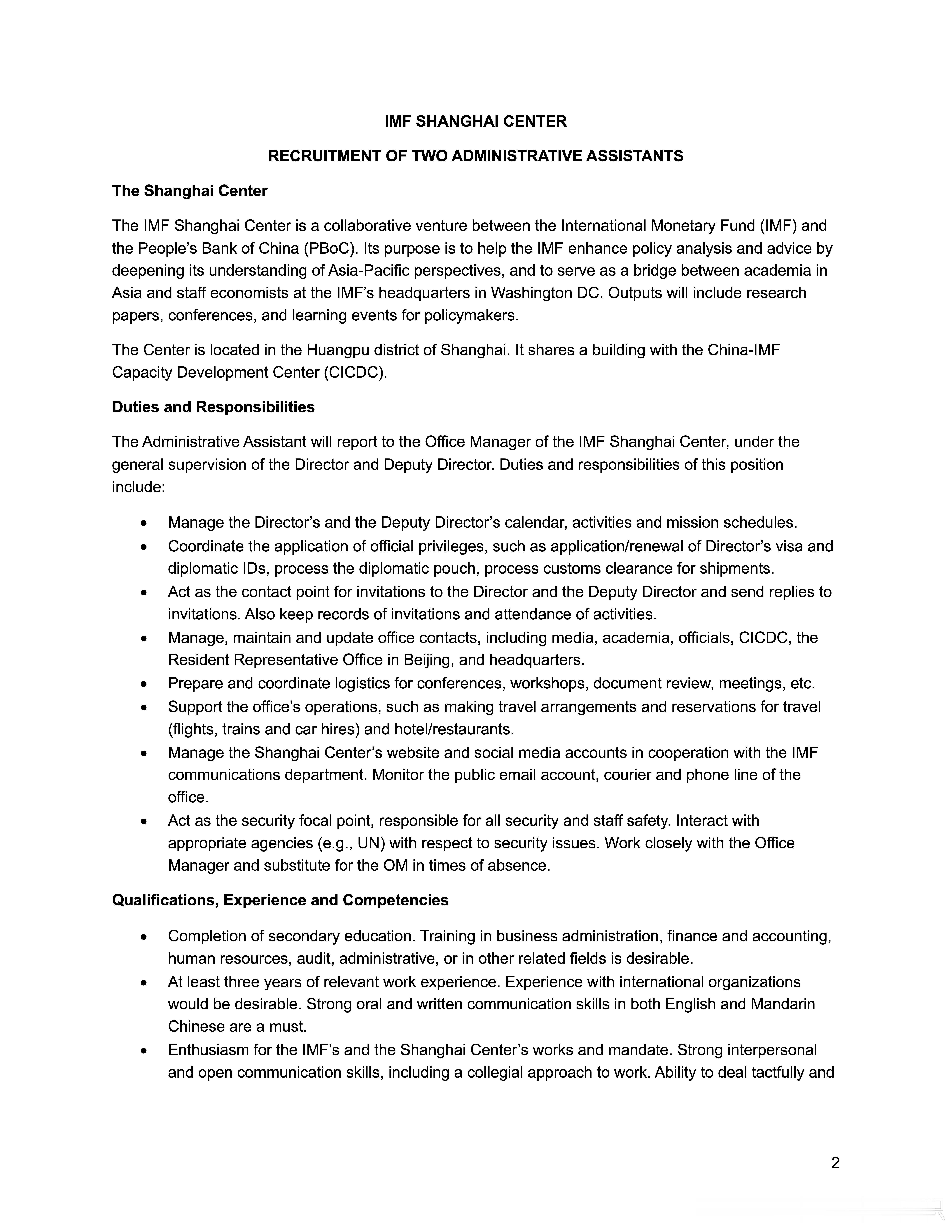 【招聘 | IMF上海中心诚聘两名行政助理】国际货币基金组织上海中心诚聘两名行政