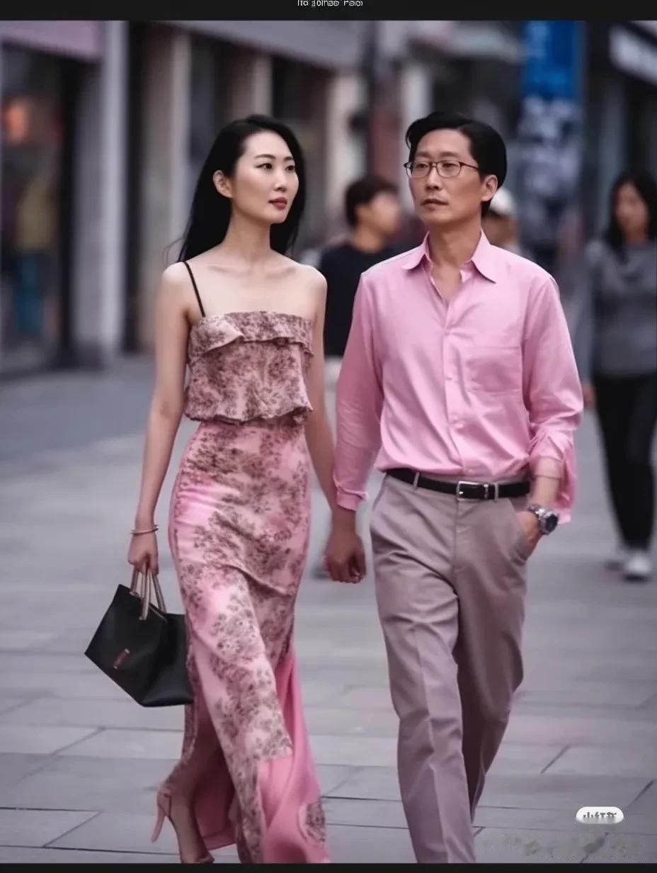 今年流行：情侣装+街拍[奸笑]这种粉衬衣，一般男人还真驾驭不了。忘年恋，无意中引