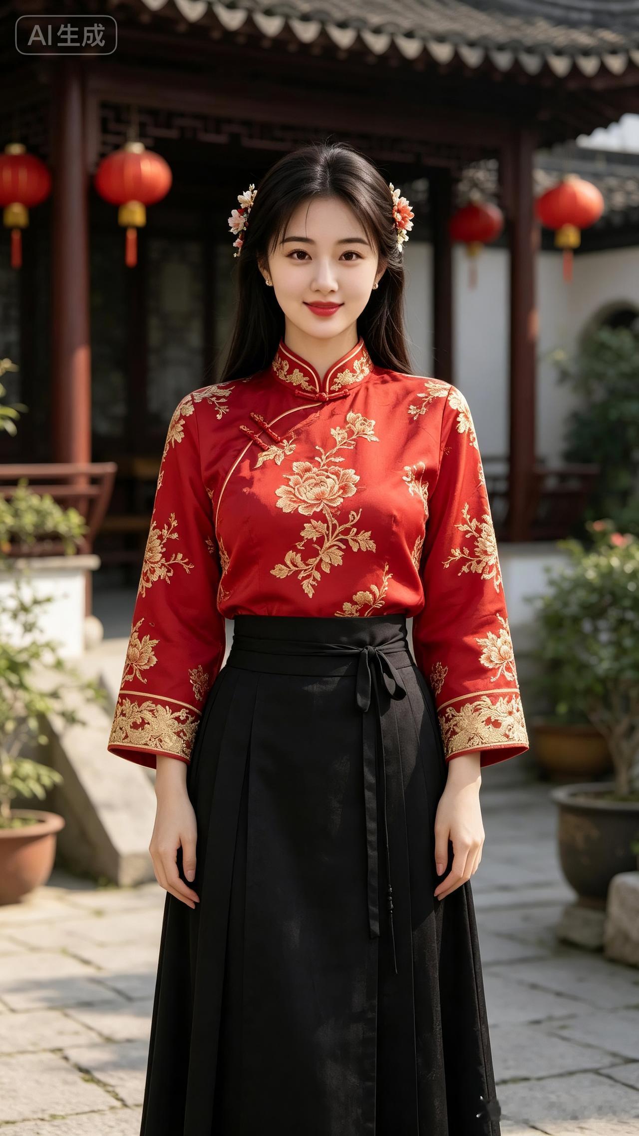 古风少女，红衣黑裙，花环点缀，韵味十足！