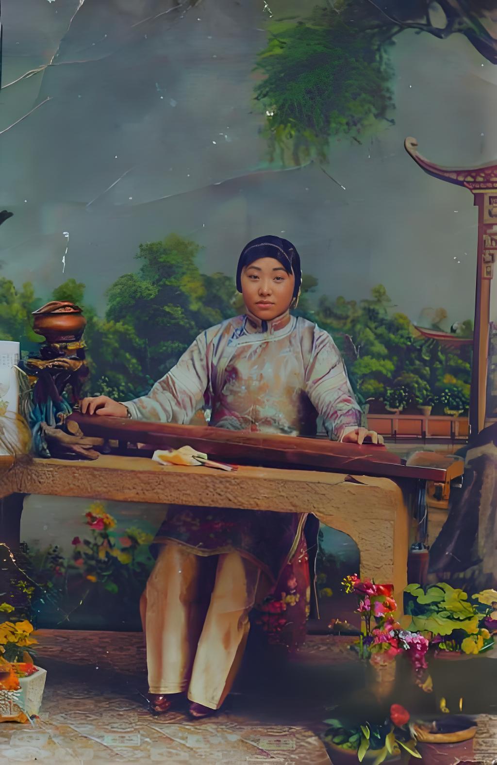 这是一张泛黄的老照片，画面中一位清末身着传统服饰的女子端坐于石案前，案上置古琴、