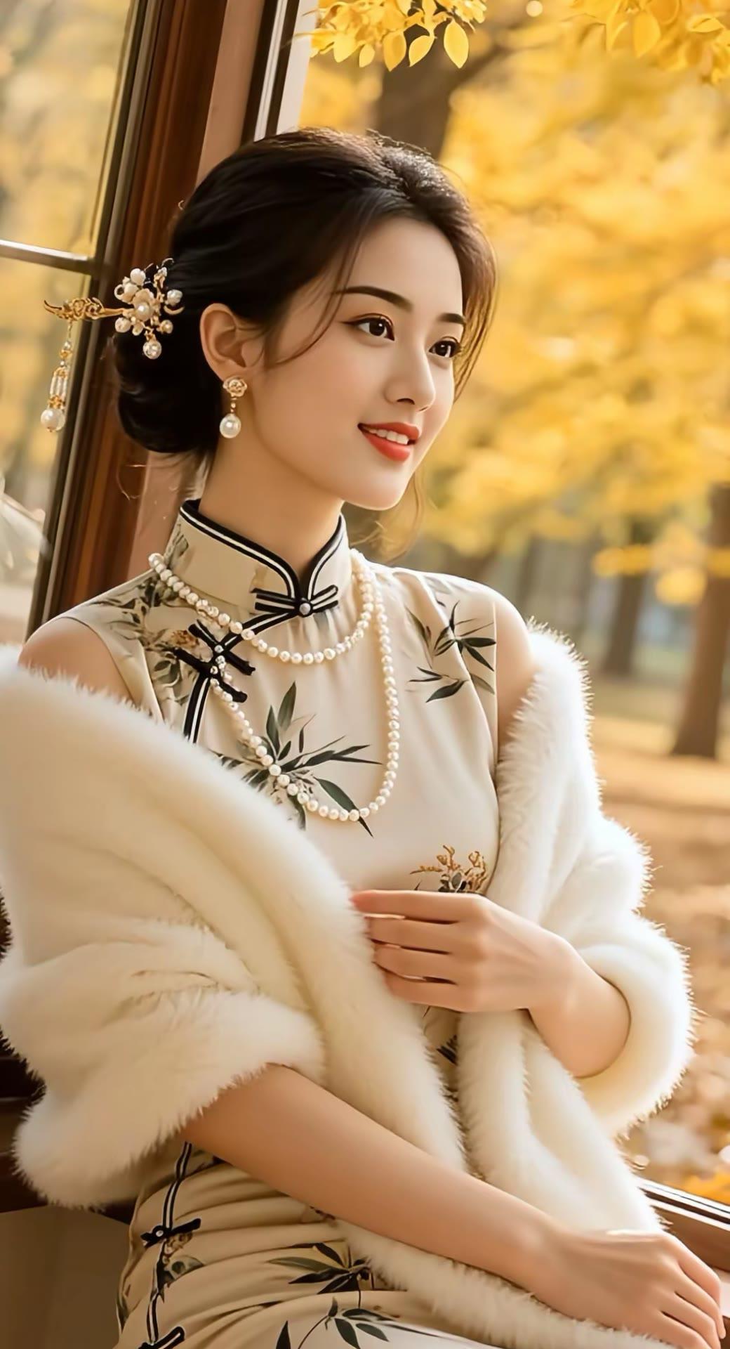 秋日暖阳下的优雅旗袍，珍珠与毛绒的完美结合，尽显东方古典美。