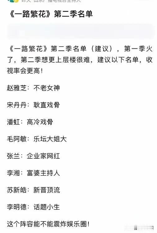 一路繁花真是火了
火得一塌糊涂呀

有人猜第二季的名单

居然又把张兰拉上了
