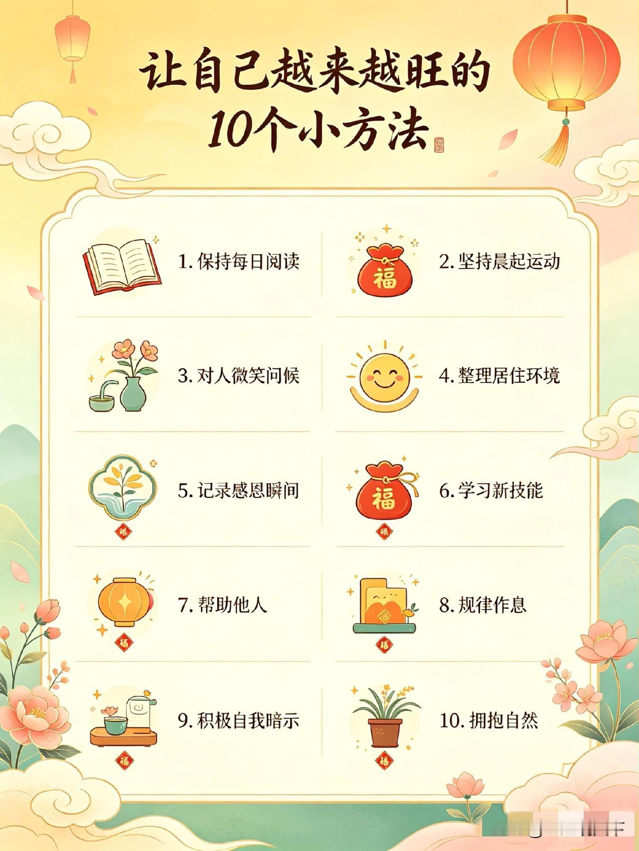让自己越来越旺的10个小方法
 
人这一生，运势好坏，从来不是天生注定。
真正的