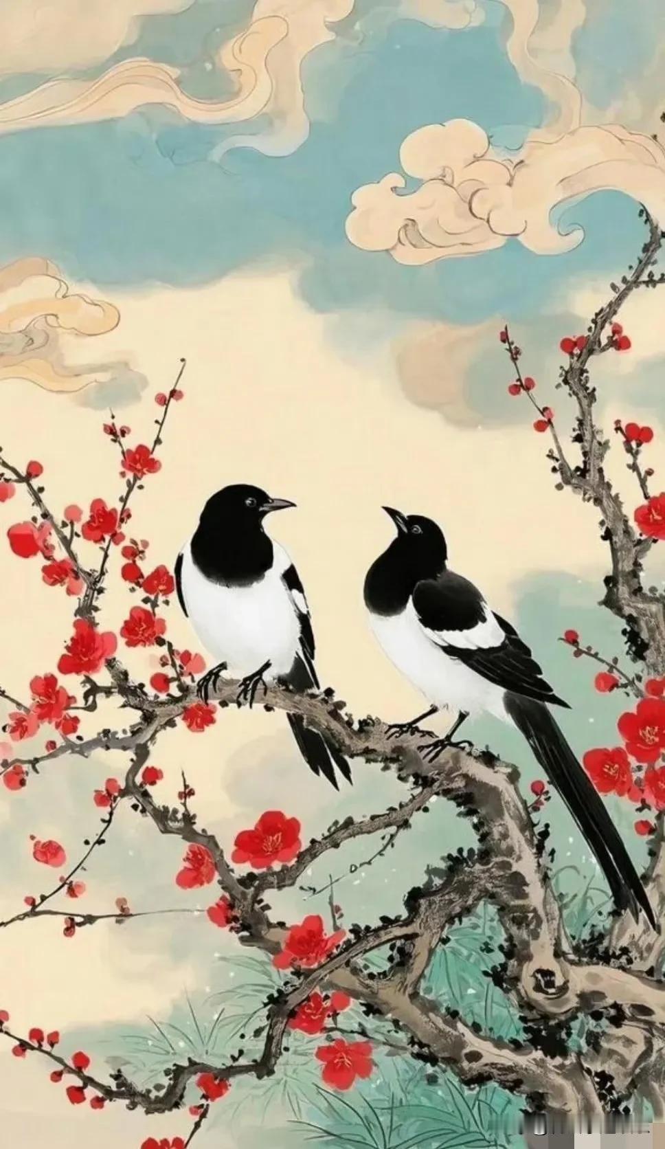 冬日枝头，喜鹊欢快跳跃，落于绽放的梅花之上，那灵动的画面，仿佛奏响好运序曲。梅花