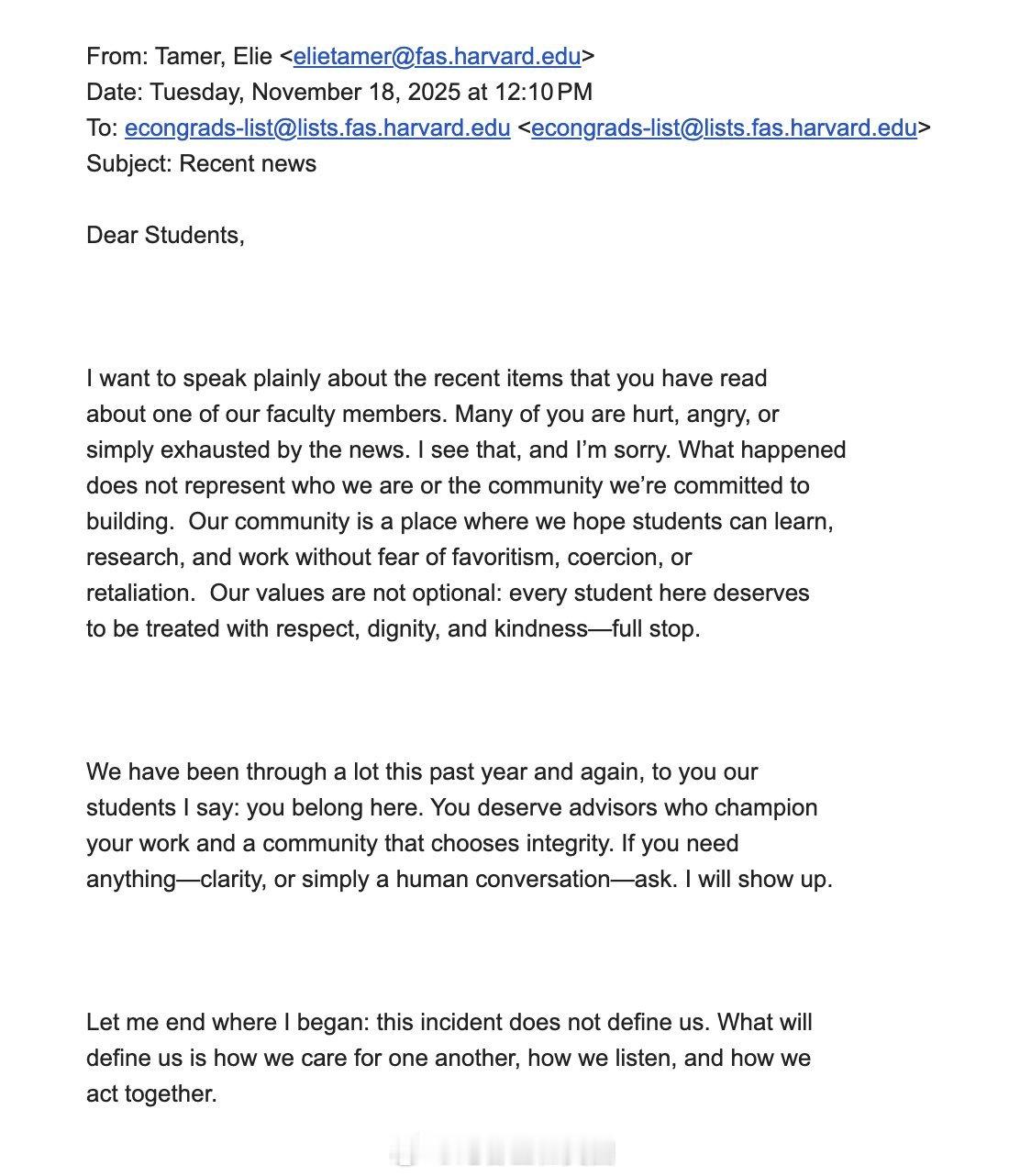 哈佛大学经济系主任Elie Tamer在一封给学生的内部邮件中，谈到了近期Sum