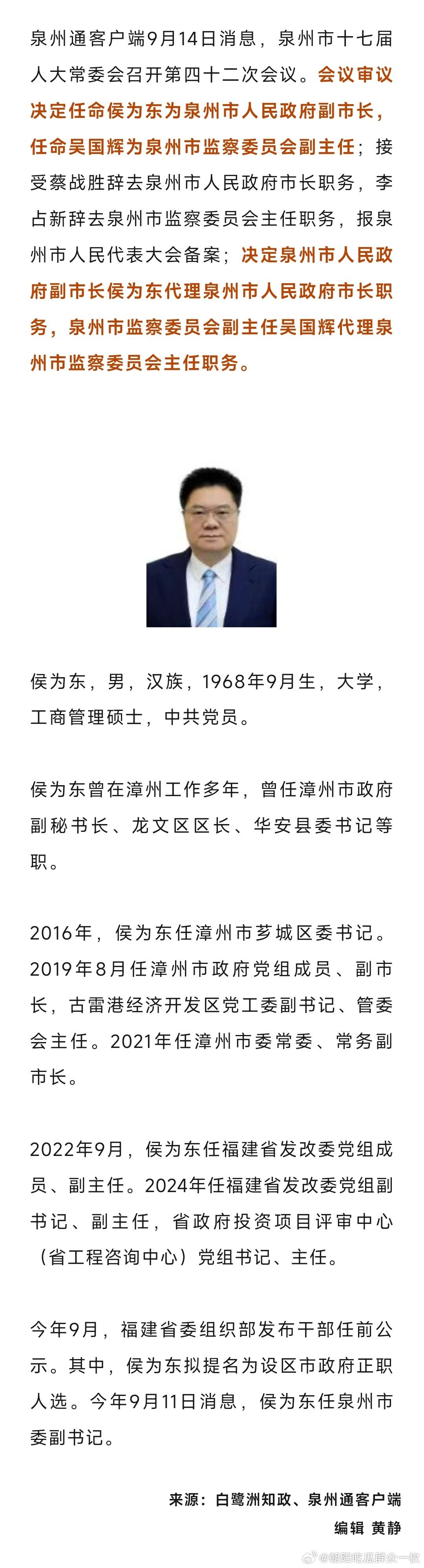 侯为东任泉州市代市长。 ​​​