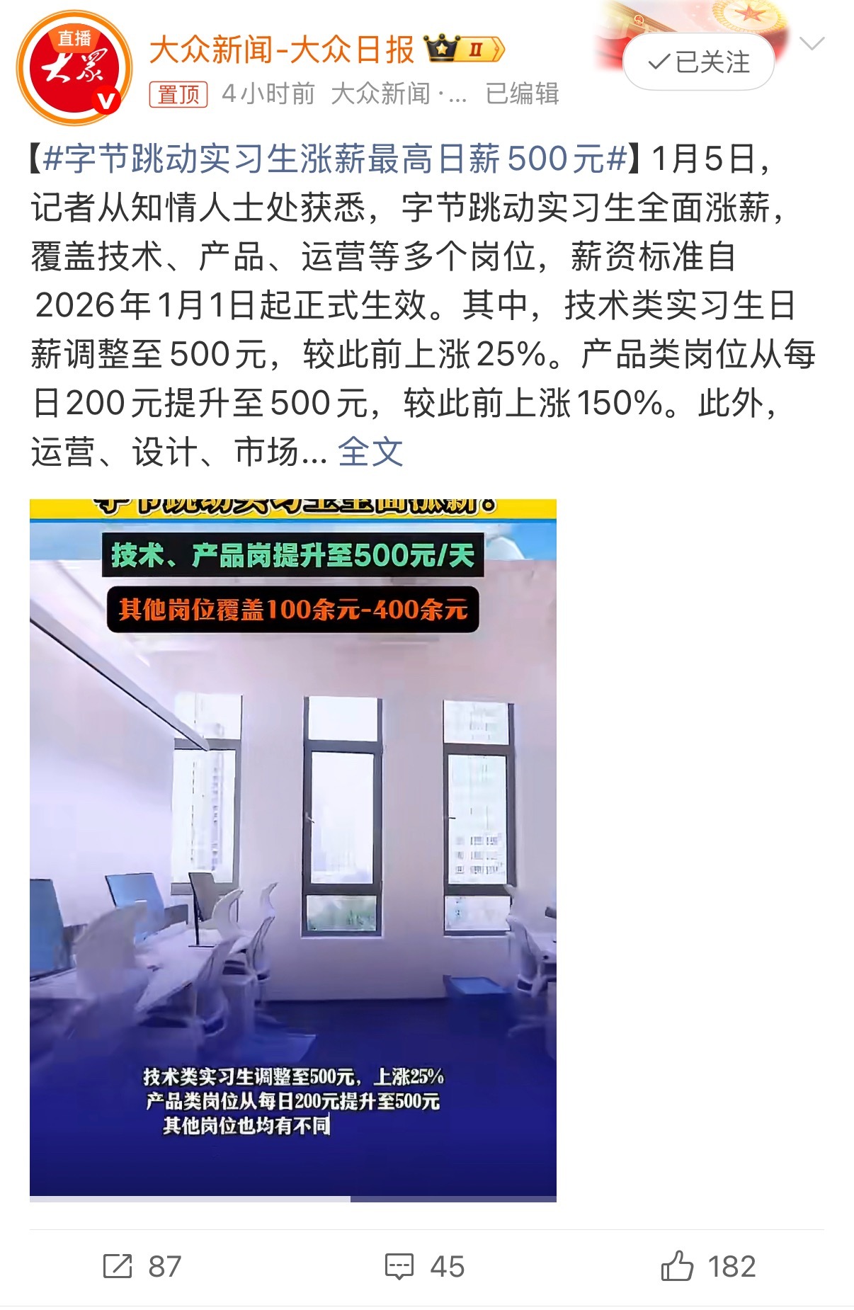 字节跳动实习生涨薪最高日薪500元10年前我实习那会日薪是200块钱，现在已经涨