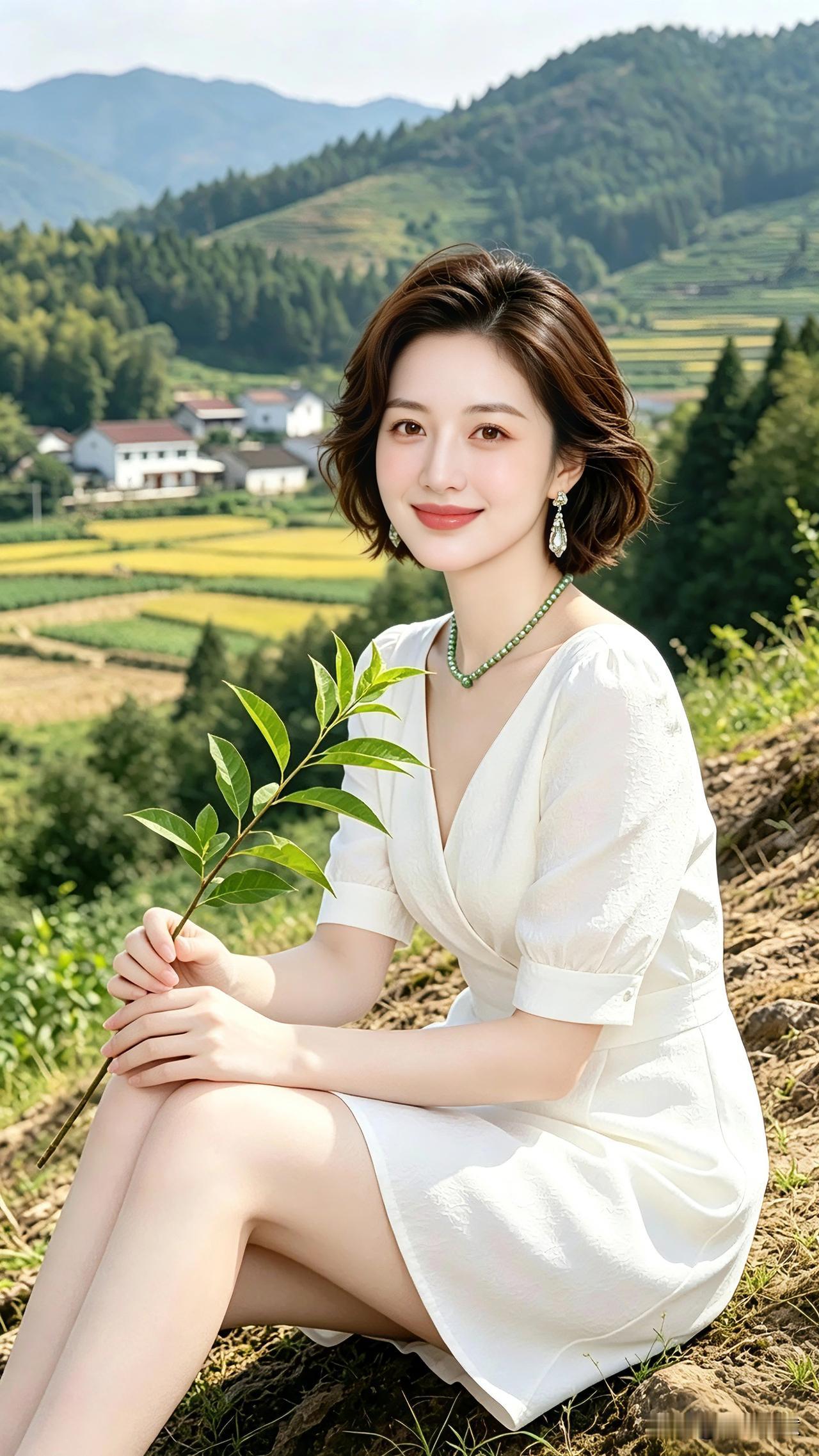 置身山野田园，满眼皆是清新绿意。一袭简约白裙，拥抱山间温柔的风，远离城市喧嚣，享