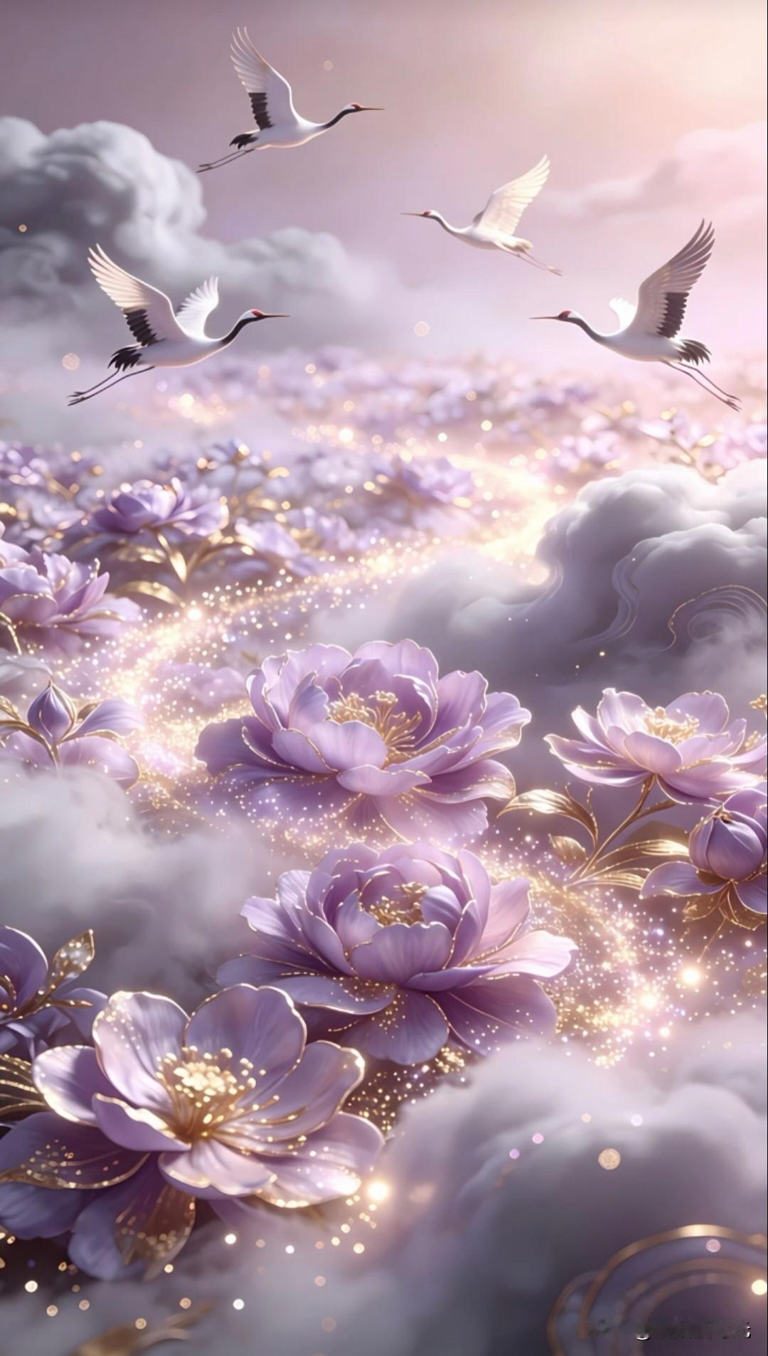 梦幻仙境，仙鹤翩翩起舞，紫花盛开，
如梦如幻。丨花梁一梦分享
国风仙鹤图 腾云仙