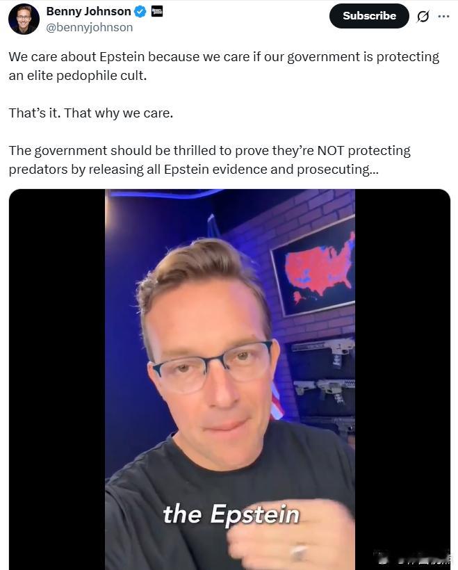 本尼·约翰逊：“我们关注爱泼斯坦是因为我们关心我们的政府是否在保护一个精英恋铜癖