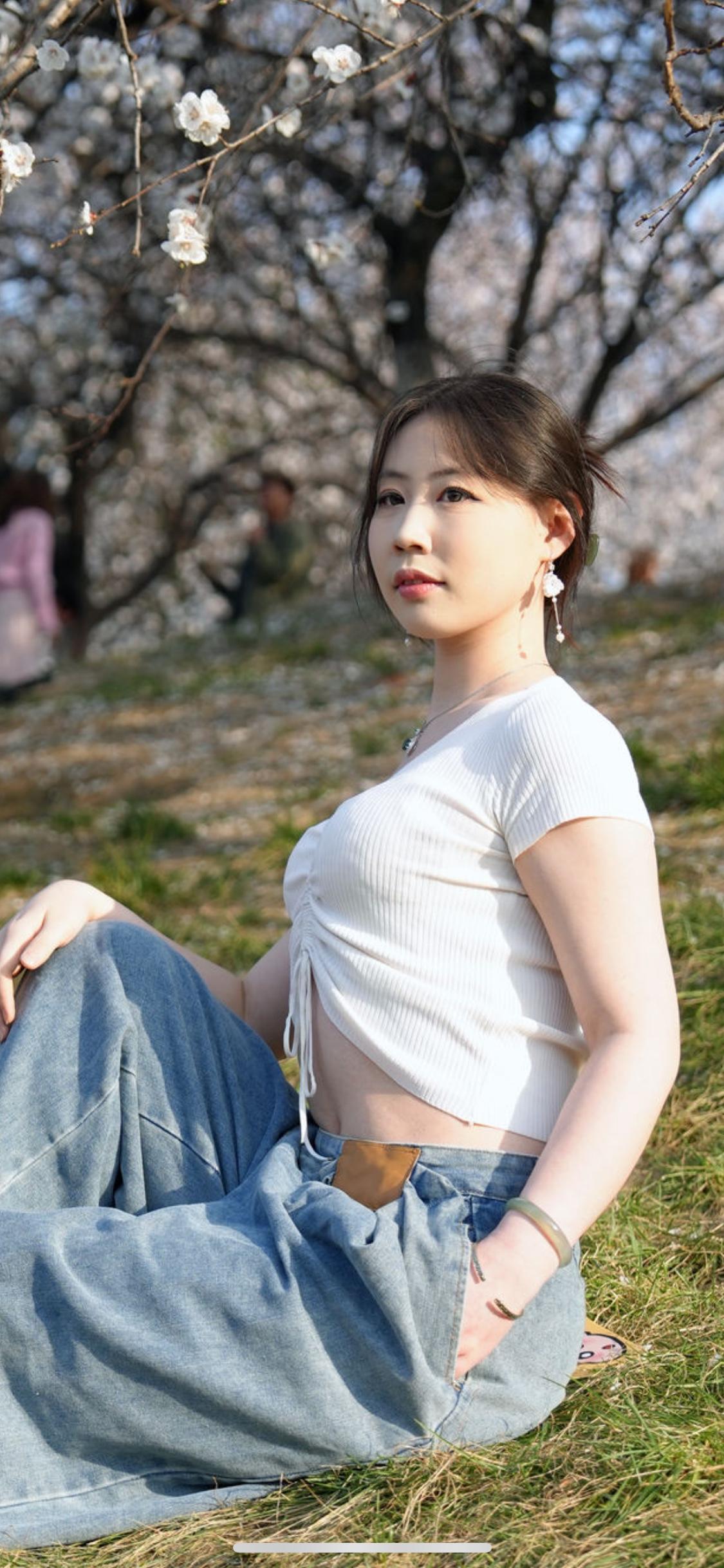 樱花树下，少女轻坐，春日暖阳洒满心间。