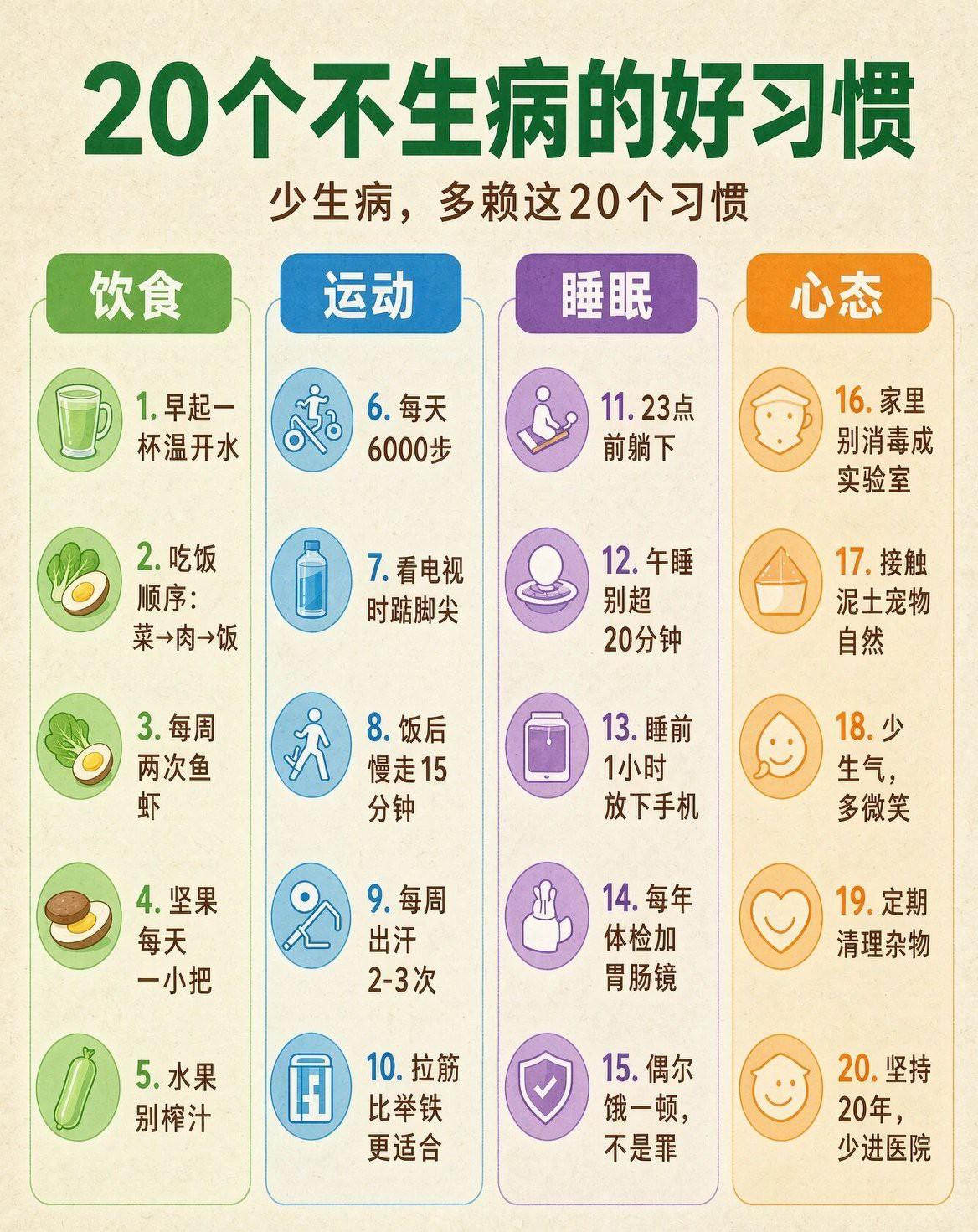 别信那些动辄天价的养生偏方，日常攒下20个小习惯，就能把生病的概率压下去大半！