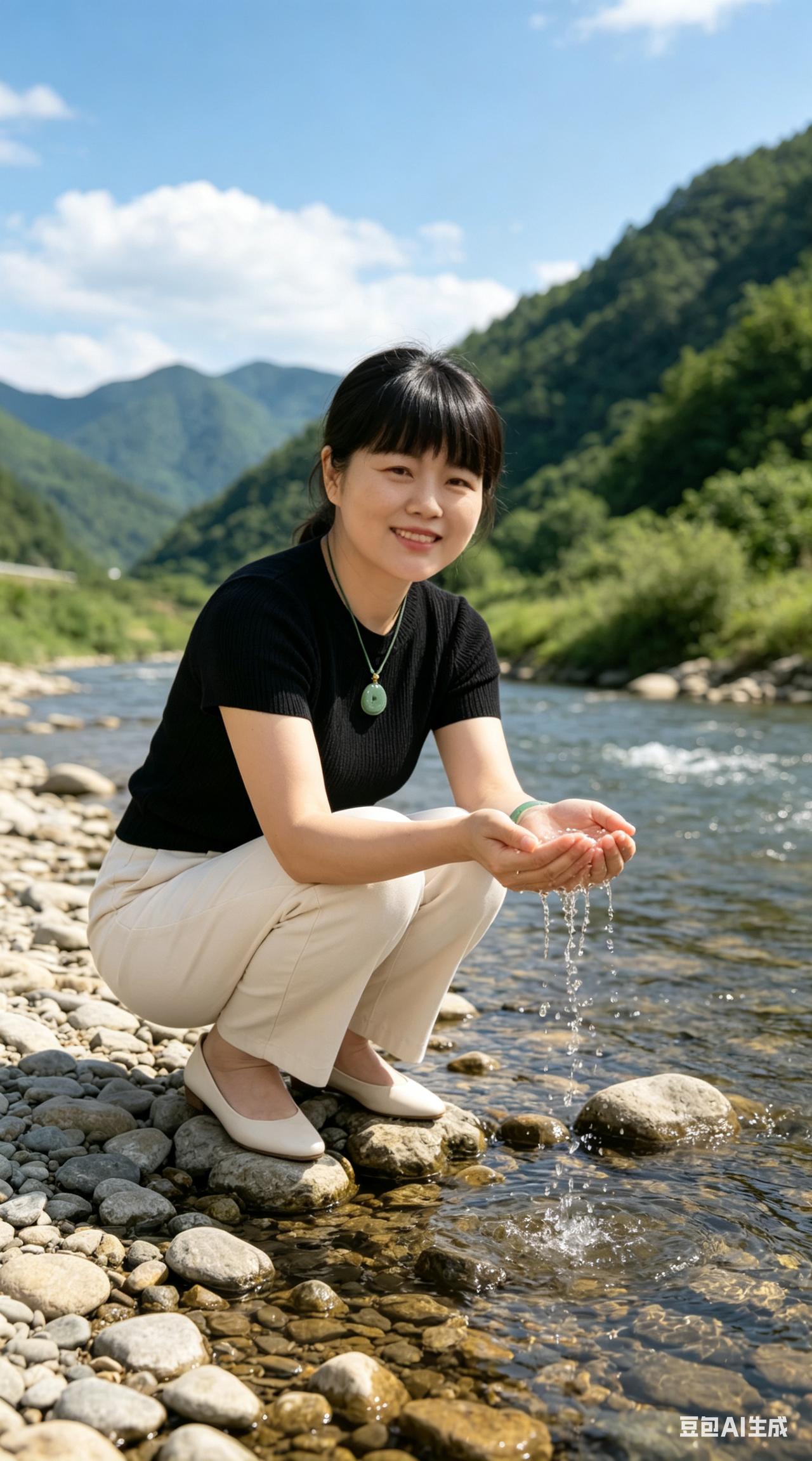 小溪潺潺缓绕流，娇娥蹲步立河边。
轻撩涧水凝眸笑，漫拨清波玉腕灵。
秀发随风丝缕