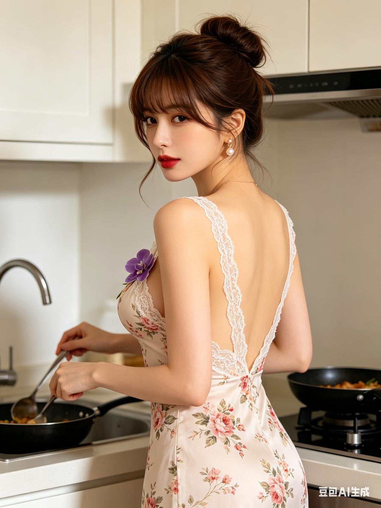 年轻女子背面视角，棕发高盘发髻带刘海，优雅侧脸红唇。身着印花蕾丝深V吊带裙，配紫