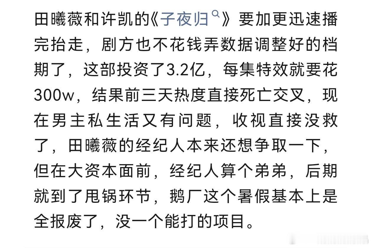 瓜[吃瓜]子夜归单集特效要花300万，剧方应该是死心了，不肯花钱做数据，田曦薇经
