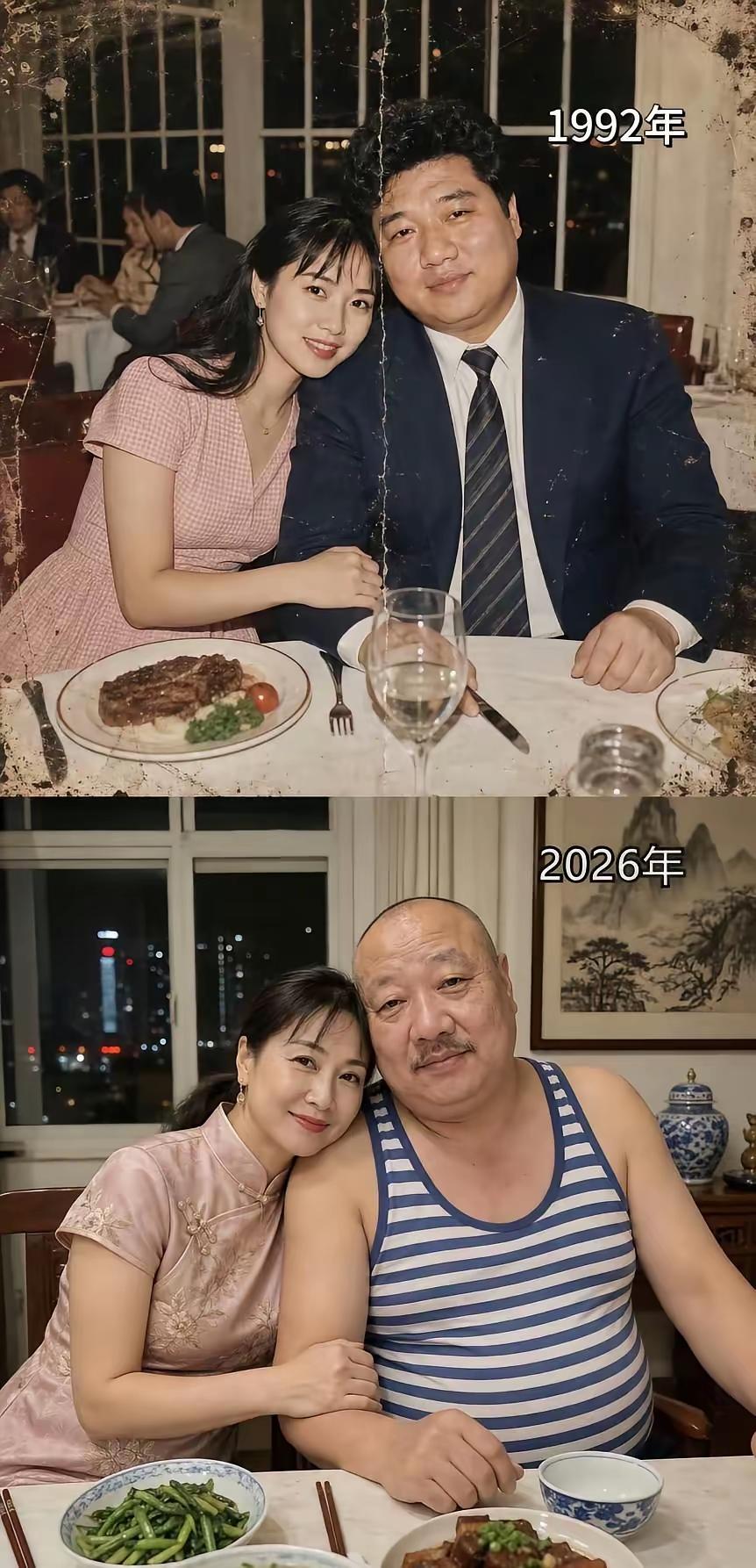 同样一对夫妻，隔了三十四年的两张合照看得人心里五味杂陈。1992年那会儿男人西装