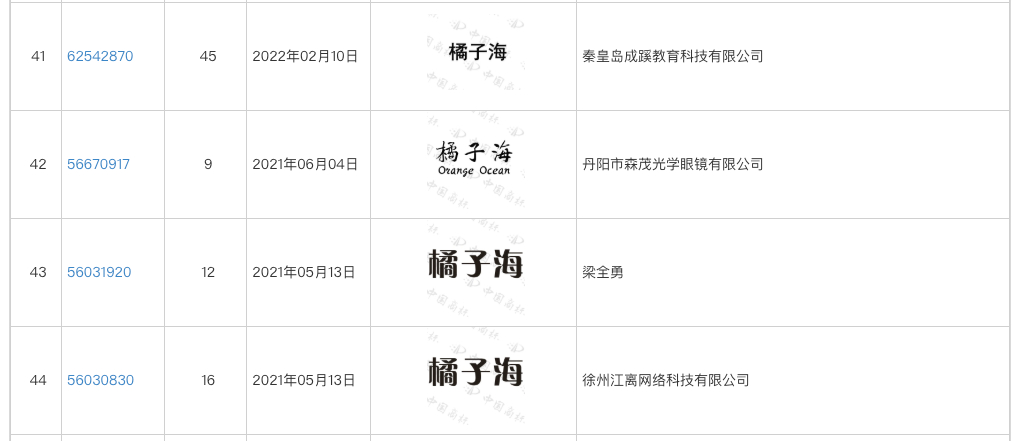冷知识，中国有超过20个主体，合法拥有“橘子海”相关商标。这是一个相对比较通用的