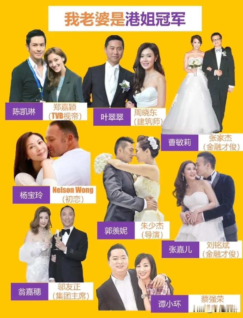 港姐冠军们的婚姻差太多！有人嫁视帝豪门，有人陪老公卖鱼蛋
 
一张“我老婆是港姐