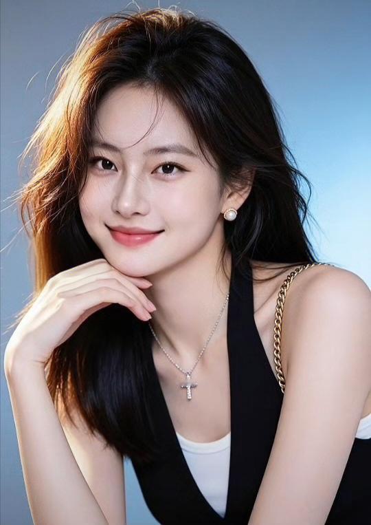 甜美笑容，温柔可人，时尚项链点缀，尽显优雅气质。