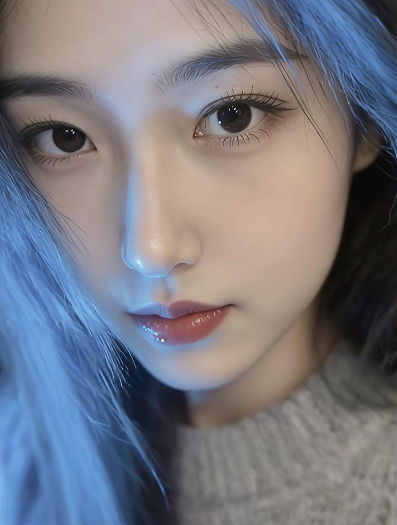 梦幻蓝发少女，温柔眼神，唯美自拍