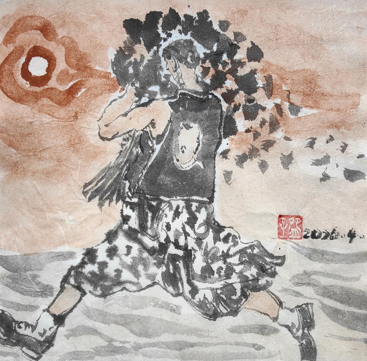 碗子的1/4平尺水墨《逐日》生活是如此的忙碌，人如夸父逐日般的讨要生活，虽然鸡毛