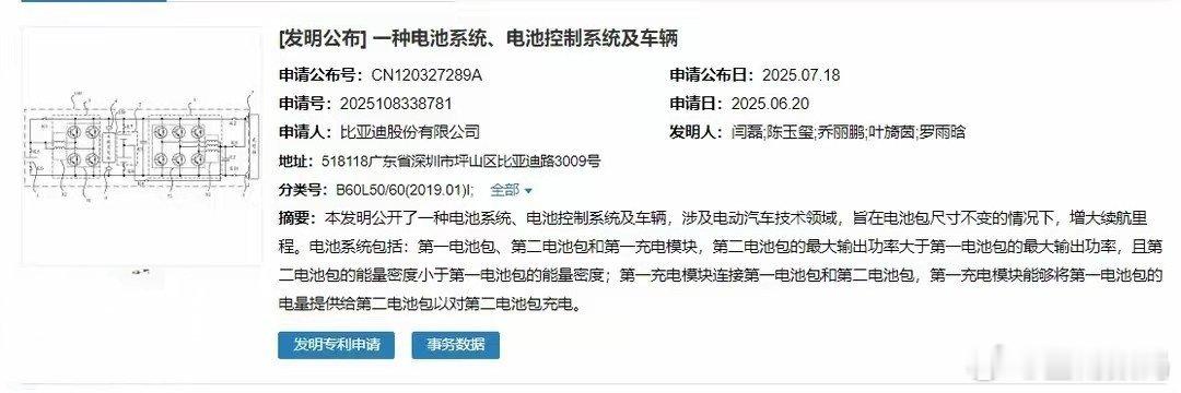 【比亚迪新专利实现电池包尺寸不变、续航里程增大】国家知识产权局信息显示，比亚迪股