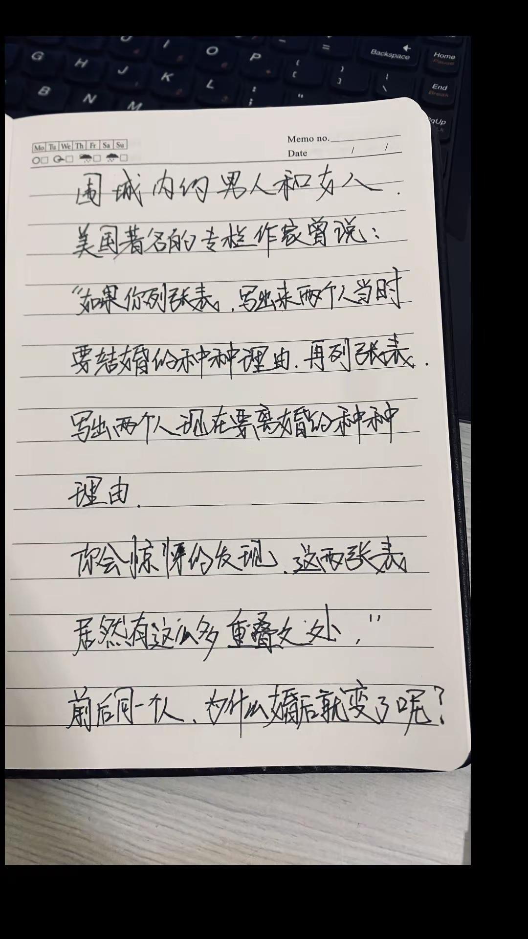 围城中的男人和女人：美国著名的专栏作家说过：“如果你列张表，写出两个人当时要结婚