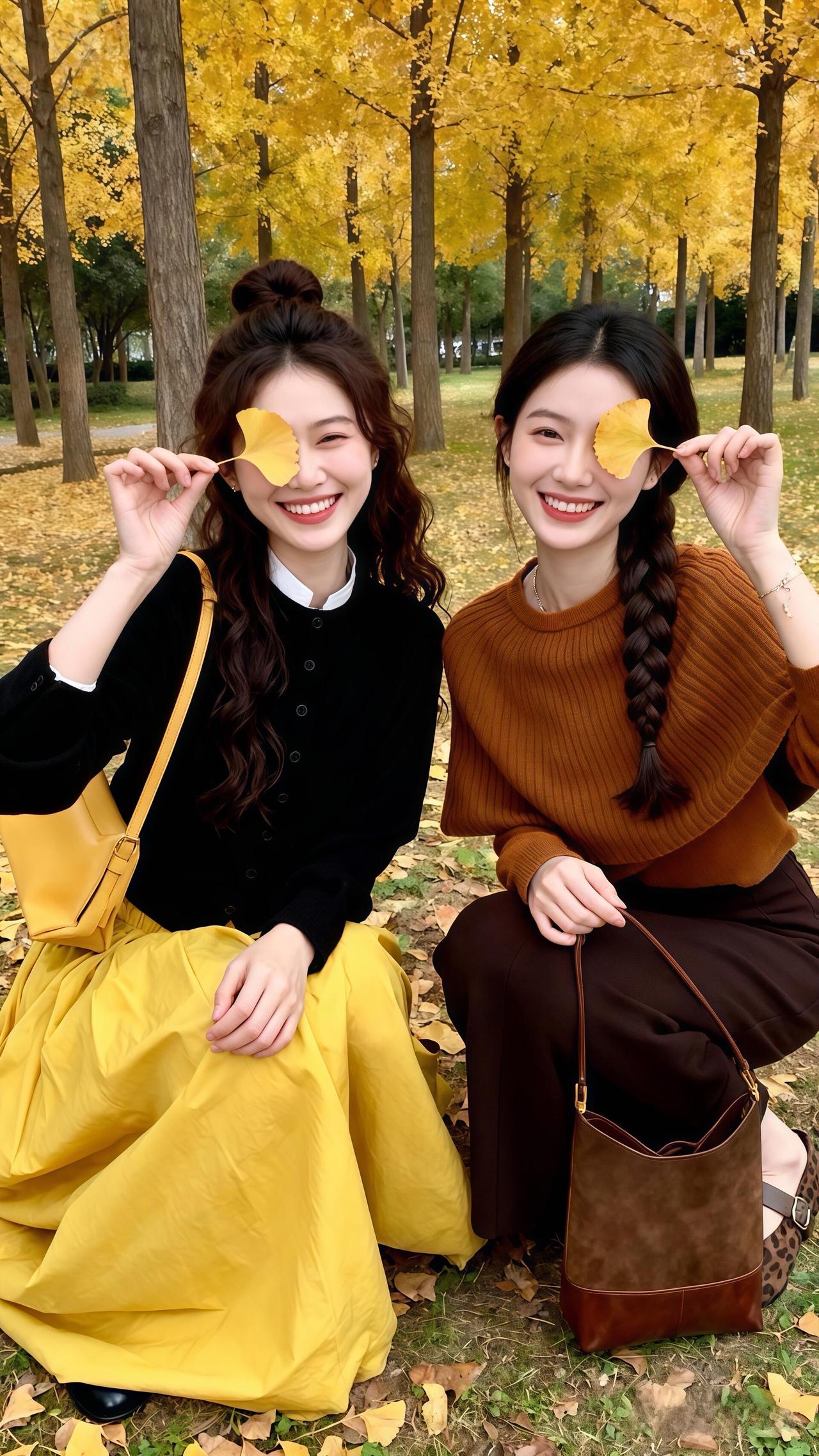 秋日姐妹游园记落叶飘零间笑语盈盈业闺蜜秋日游 秋季温柔浪漫穿搭