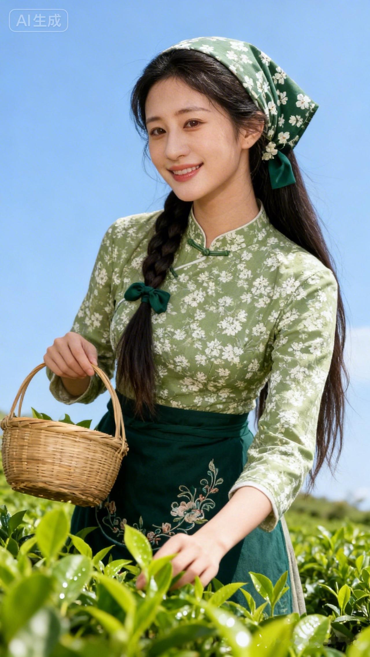 茶园里的少女，笑靥如花，手捧竹篮，采摘新茶。